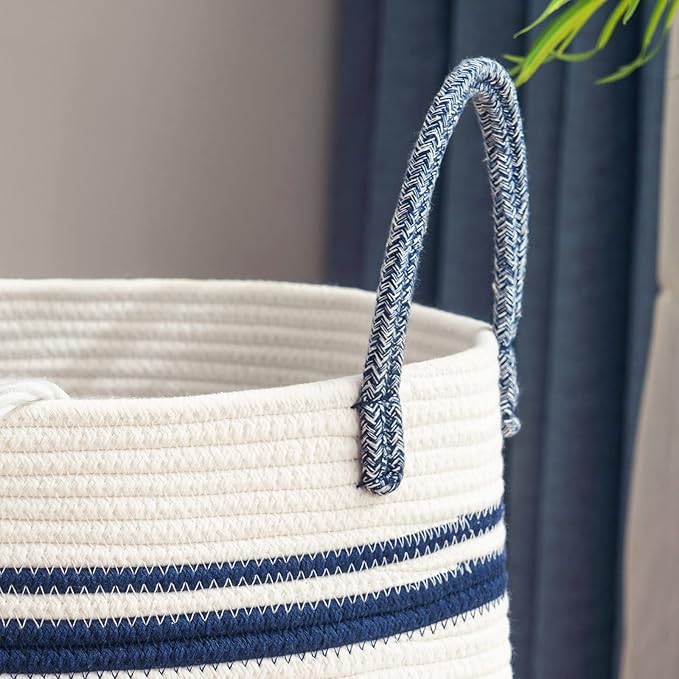 Woven Rope Laundry Hamper Basket, 72L Tall Laundry Basket, Baby Nursery Hamper for Blanket Storage in Bedroom-Large-Blue