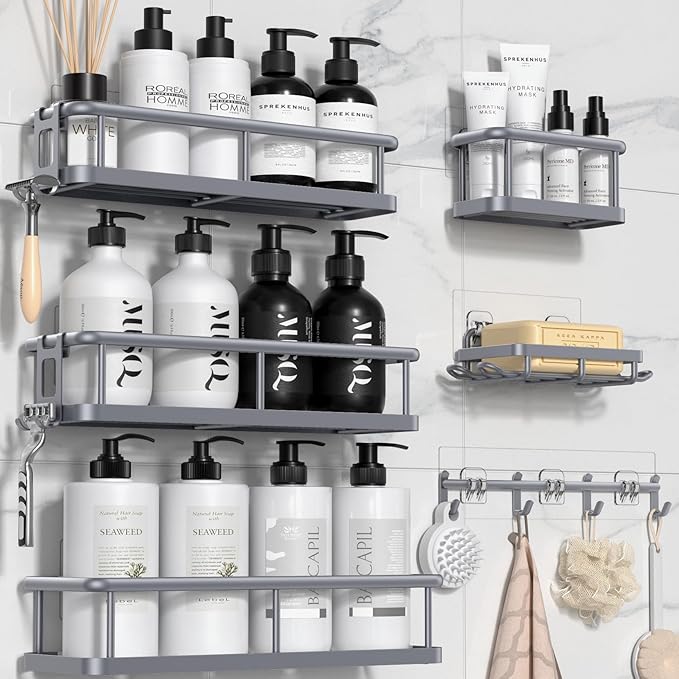 YASONIC Shower Caddy, 6 Pack Large Capacity shower Organizer with Soap Holder and 12 Hooks, Rustproof Shower Shelves for Inside Shower, No Drilling&Sleek Bathroom Organizers and Storage Grey