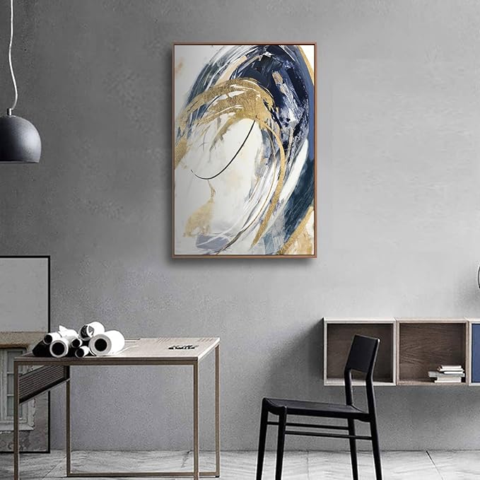 SDYA Gold Wall Decor Living Room Abstract Wall Art Blue Paintings Bedroom Aesthetic Frame Wall Decorations Large Artwork for Home Office 24x36 Inch
