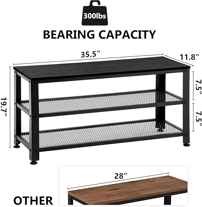 Apicizon Shoe Rack, 35.5 Inches 3-Tier Shoe Rack for Entryway with Long Seat and Metal Shelves for Garage, Industrial Storage Bench with Steel Structure for Living Room, Bedroom, Mudroom, Black