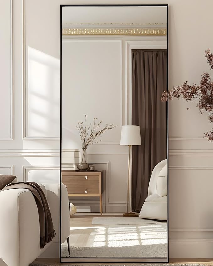 Antok Full Length Mirror, 58"x18" Floor Mirror with Stand, Hanging Mounted Mirrors for Bedroom, Living Room, Cloakroom, Dining Room, Black, Rect