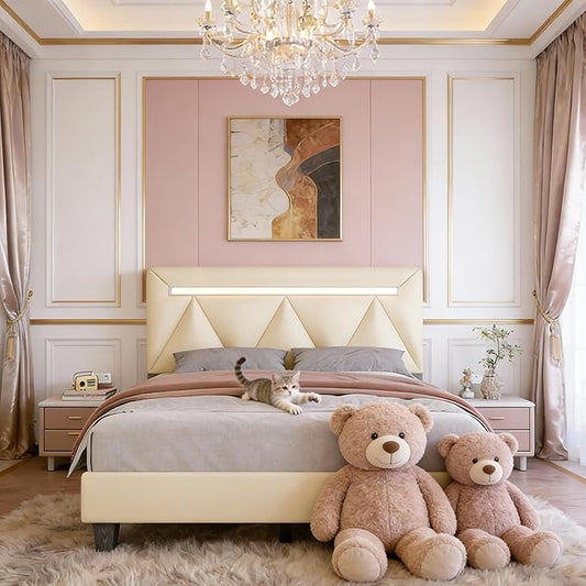 Full Size Bed Frame with LED Lights and Charging Station, Faux Leather Linen Fabric Adjustable Headboard,Modern Upholstered Bed, Sturdy Wood Slat Support, Easy Assemble, Beige