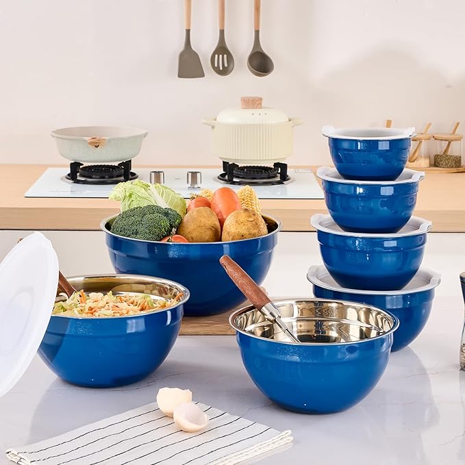 Blue Mixing Bowls with Airtight Lids, Stainless Steel Nesting Mixing Bowls Set of 7, Ideal for Baking, Prepping and Serving Food, Size 7, 3.6, 2.7, 2.1, 1.5, 1.1,0.8 QT, Stackable Design