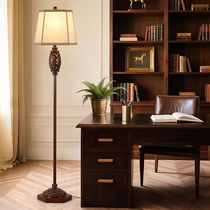 Luvkczc Vintage Floor Lamp - Brown Carved Resin with Hollow Light Design, Rustic Standing Lamp for Living Room, Bedroom, Study(Bulb Included)