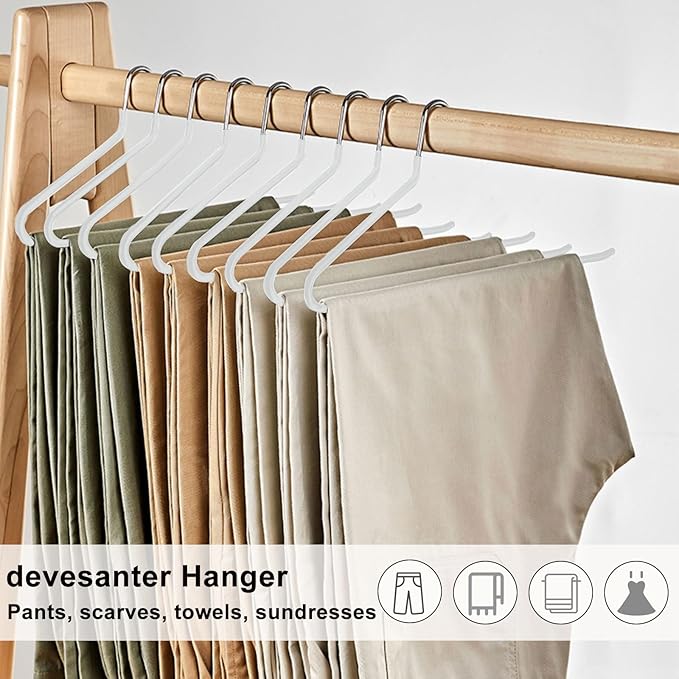 Devesanter 20 Pack Open-Ended Metal Pants Hangers - Durable, Non-Slip Coating, Space Saving, Easy Use Coat Hangers for Short Skirts, Pants, Jeans, Slacks, Blankets (White)