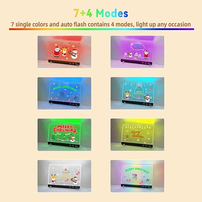 LED Magnetic Note Board with Colors, 11.8"X7.9" 4 Modes & 7 Colors Acrylic Dry Erase Board with Light, Include Hanging Chain, Led Drawing Board for Kids with Stand, Soft Cloth, 8 Markers