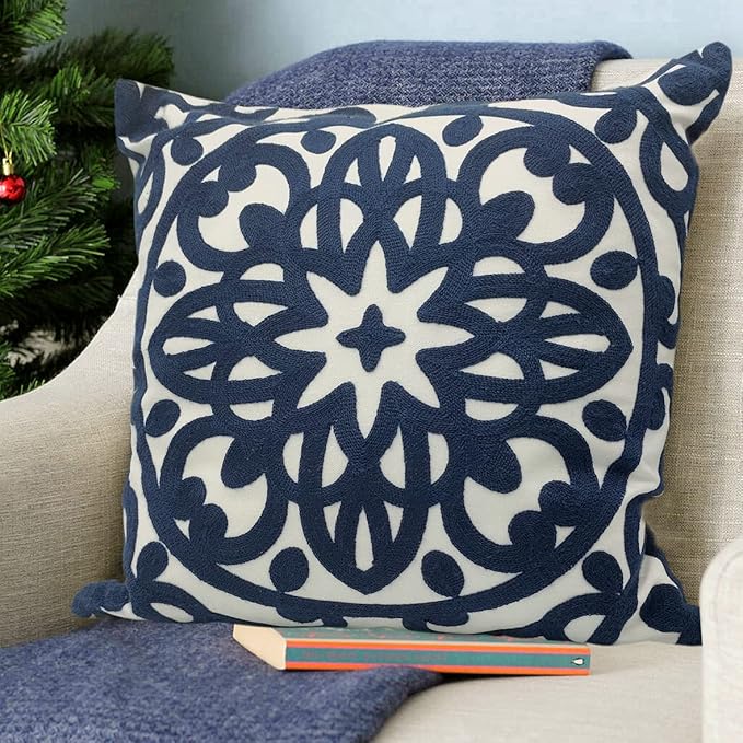 Alysheer Embroidered Decorative Throw Pillow Cover 18x18 inch, Cozy Warm Boho Mandala Chic Knit Pattern Durable 100% Cotton Canvas Cushion Case for Sofa Couch Living Room Bedroom Gifts (Navy Blue)