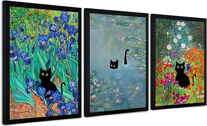 Krtoni 3Pcs Framed Black Cat Wall Art, Vintage Funny Black Cat in Water Lilies Poster Prints Paintings, Garden Flowers Cat Aesthetic Wall Decor, for Bathroom Living Room Bedroom 12" W x 16" H