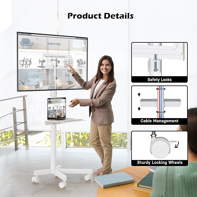 BONTEC Mobile TV Stand with Tilt Function, Rolling TV Stand for 23-60" LED, LCD, OLED TVs, Holds up to 88lbs, Max VESA 400x400mm, Adjustable Media Shelf, TV Cart for Living Room, Bedroom, Office