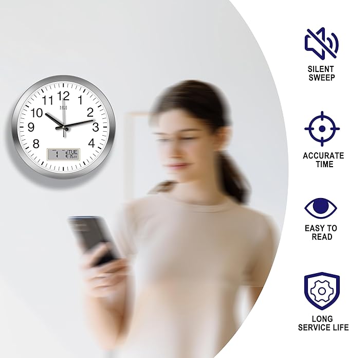 HITO 16 Inch Silent Wall Clock Battery Operated with Temperature and Date, Large Wall Clock for Living Room Decor, Office, Classroom, Bedroom