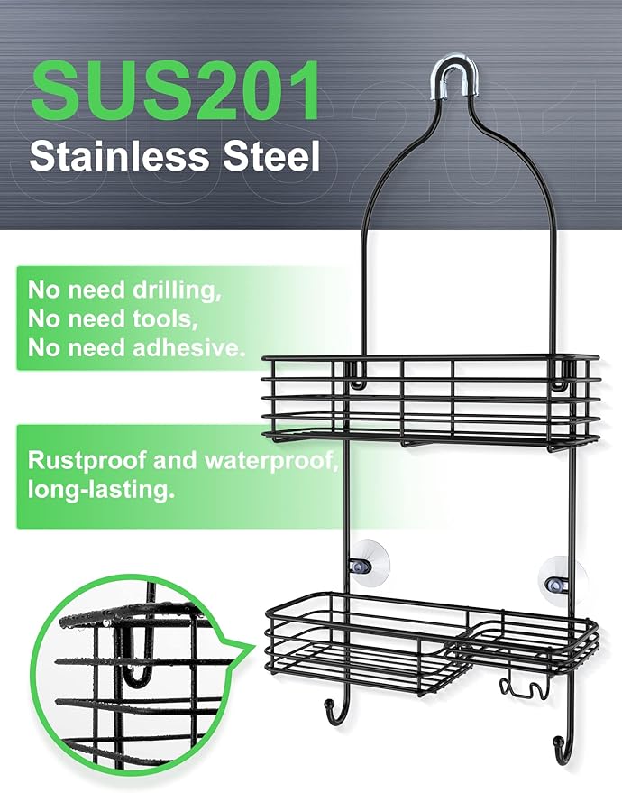 SMARTAKE Hanging Shower Head Caddy, Rustproof Bathroom Shower Shelf Organizer, SUS201 Stainless Steel Over The Storage Rack, for Toilet, Bathroom, Black