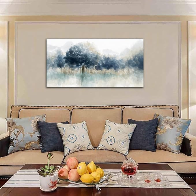 Foggy Forest Canvas Wall Art - Indigo Blue Abstract Trees Pictures for Wall Decor Nature Canvas Painting Modern Printing Artwork for Living Room Bedroom Home Office Wall Decoration 24" x 48"