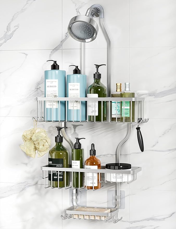 YASONIC Shower Caddy Hanging - Never Rust Shower Organizer - Aluminum Over The Head Caddy with 10 Hooks for Razor/Sponge - Rack with Soap Basket - Silver