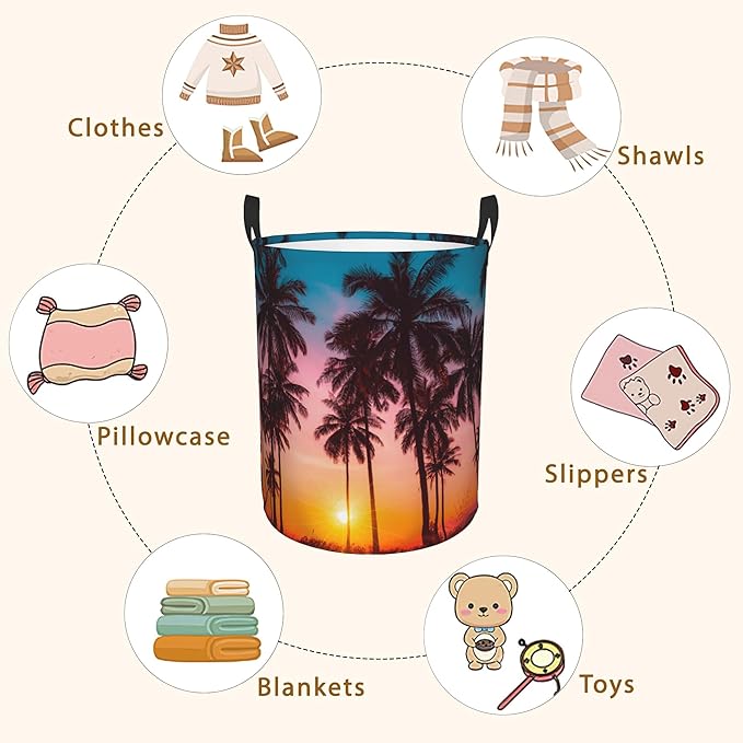 Laundry Hamper, Beach Palm Trees Sunset Landscape Laundry Basket,Waterproof Foldable Storage Bin for Bedroom,Clothes Organizer Basket,Toys Box 16x20 Inch