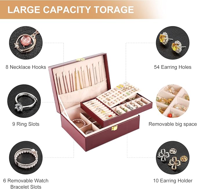 Jewelry Boxes for Women Girls PU Leather Jewelry Organizer Box 2 Layer Large Jewelry Storage Case Removable Tray for Necklace Earring Ring with Polishing Cloth and Jewelry Bags