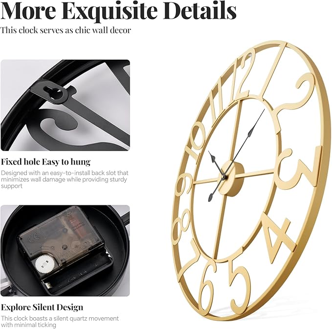 Large Wall Clock 24 Inch Gold, Decorative Wall Clocks Battery-Operated, Modern Metal Round Clock Silent Non Ticking Arabic Numerals for Living Room Kitchen Mantel Bedroom Office Decor