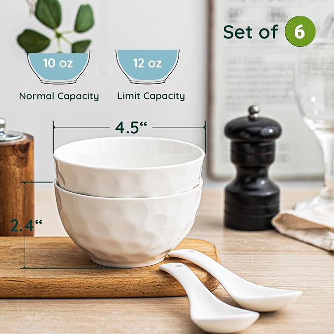 Porcelain Soup Bowls, 4.5 Inch Ice Cream Bowl, Kitchen Bowl Set, Fruit Bowls, Microwave and Dishwasher Safe, Set of 6