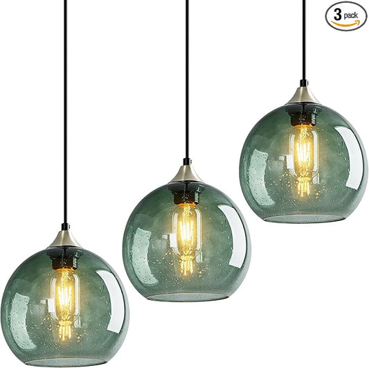 Gray Green Glass Pendant Lights Kitchen Island Lighting Globe Pendant Light Fixtures Modern Pendant Lighting for Kitchen Island Bedroom Living Dining Room Light Fixture(7.87in, 3-Pack)