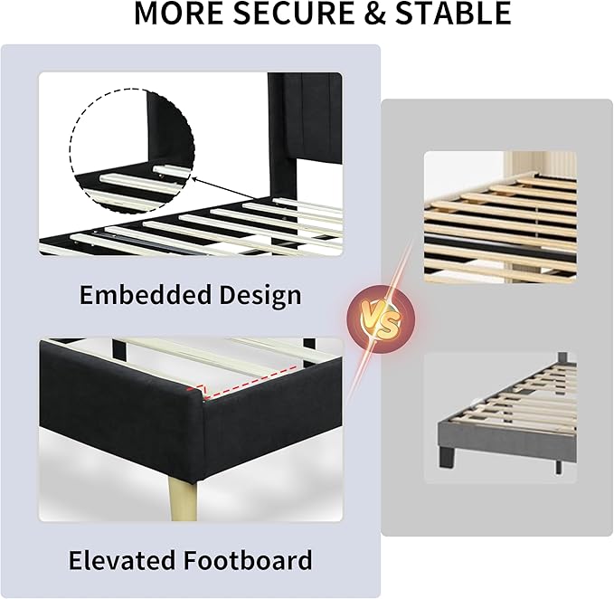 King Size Upholstered Platform Bed Frame with Modern Wingback & Vertical Panel Headboard, Linen Fabric, Wooden Legs & Slats Support, No Box Spring Needed, Noise-Free & Easy Assembly, Black