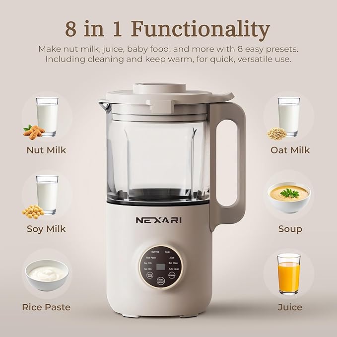 9 pcs Nexari 8-in-1 Nut Milk Maker Machine – 1.2L Stainless Steel & Glass | Almond, Oat, Soy, Coconut Machine | Blenders | Plant-Based Smoothie Blender, Milk Frother & Milkshake maker | Self-Cleaning