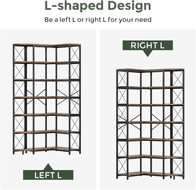 7-Shelf Reversible Corner Bookshelf, Modern Industrial Tall Bookcase, 7-Tier Large L-Shaped Storage Shelf Display Rack with Metal Frame for Living Room, Home Office, Bedroom, Rustic Brown