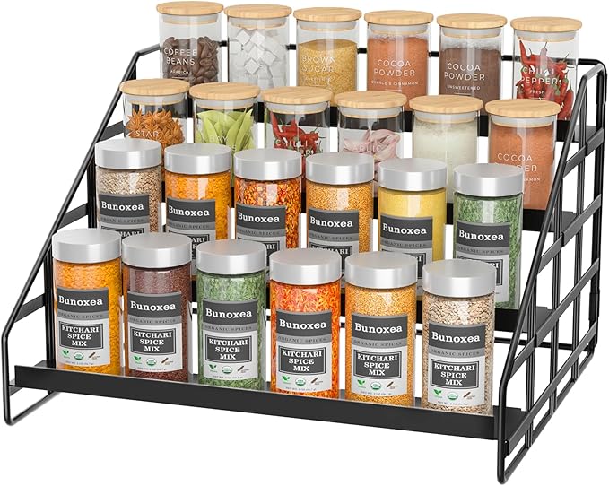 Spice Rack Kitchen Cabinet Organizer,4 Tier Countertop Spice Rack,Tier Depth Adjustable Cabinet Shelf,Step Spice Organization Easy Visibility,Holds Seasoning and Condiments