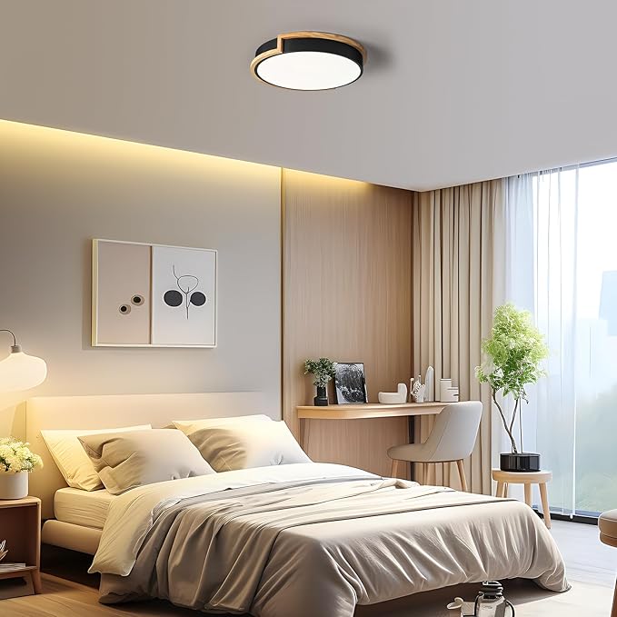 Modern LED Close to Ceiling Light, Round Flush Mount Ceiling Lighting Fixture, Matte Black with Wood Accent, Minimalist Kitchen Light Fixtures for Bedroom, Entryway, Living Room, 15.8in