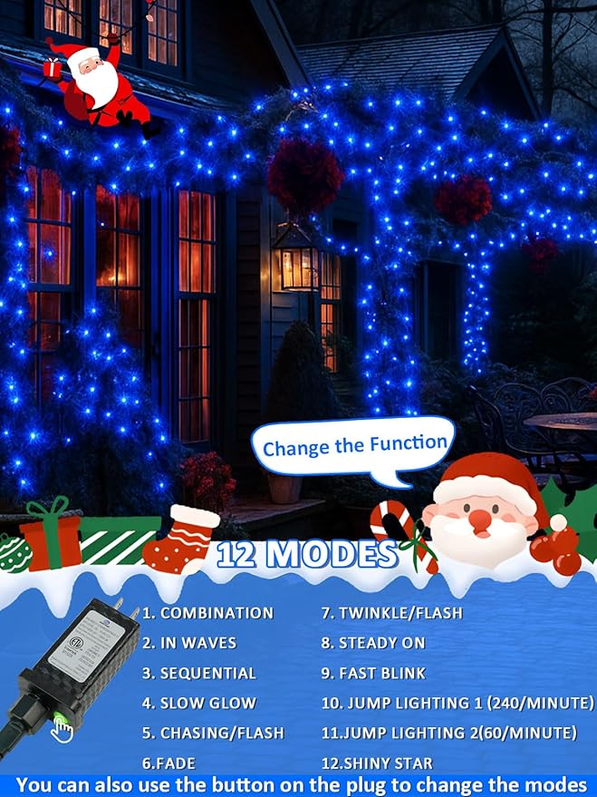 Voice Controlled Smart Christmas Lights Outdoor, 75.8ft 200 LED Extendable String Lights with 7 Voice Commands, 12 Modes & Timer, Waterproof Christmas Decorations for Party Tree Garden (Blue)
