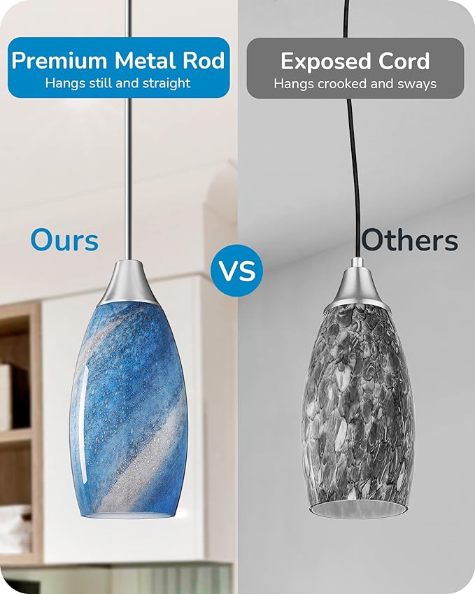 EDISHINE Pendant Light Fixtures, Handcrafted Art Glass Hanging Light with Brushed Nickel Finished, E26 Socket, Adjustable Cord Glass Pendant Light for Kitchen, Bathroom, Hallway, Bar