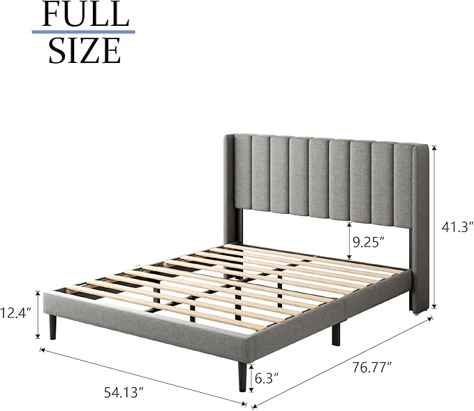 Full Size Bed Frame with Upholstered Wingback Headboard, Easy Assemnly Platform Bed, Wooden Slat Support No Box Spring Needed, Light Gray