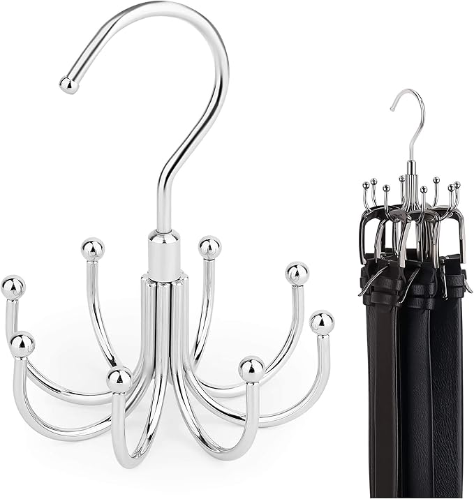 ZEDODIER Belt Hanger, Rotatable Belt Rack Closet Accessories Organizer, Maximum 24 Storage Capacity, Hanging Holder Storage Hook for Belt, Bra, Tank Top, Tie, Scarf, Purse, Silver