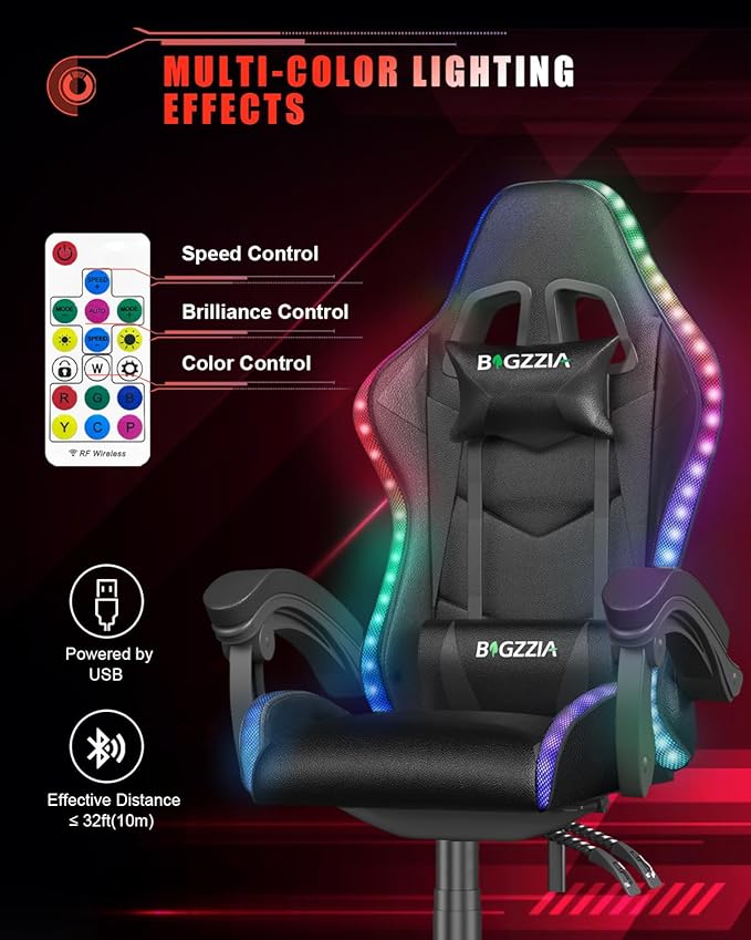 Bigzzia Gaming Chair with RGB LED Lights, High Back Ergonomic Computer Gamer Chair with Headrest and Lumbar Support, Racing Style Reclining Game Chair for Adults, Kids (Black)