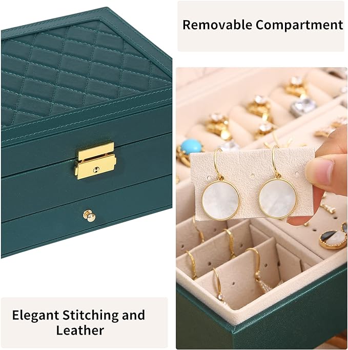 Jewelry Box for Women Girl Wife - Large PU Leather Jewelry Organizer Storage Case with Two Layers Display for Earrings Bracelets Rings Watches (Green)