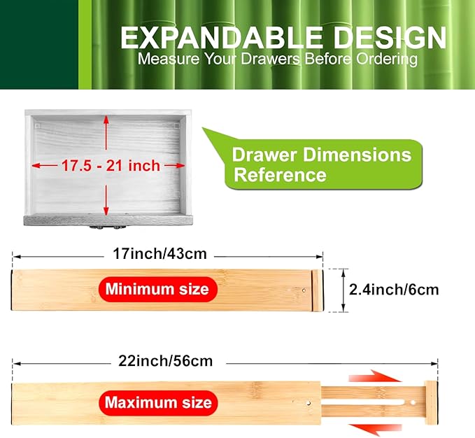Bamboo Drawer Dividers, Adjustable Kitchen Drawer Organizers (17-22"), Expandable Utensil Drawer Organizer for Kitchen Organization, Clothes, Closet, Dresser Storage (6 Pack)
