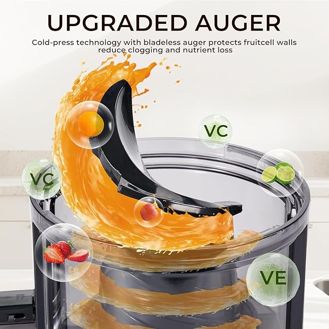 Masticating Juicer with Powerful 350W AC Motor, 5.4" Wide Feed Chute, Cold Press Slow Juice Extractor for Whole Fruits & Vegetables, High Juice Yield, AC-Black