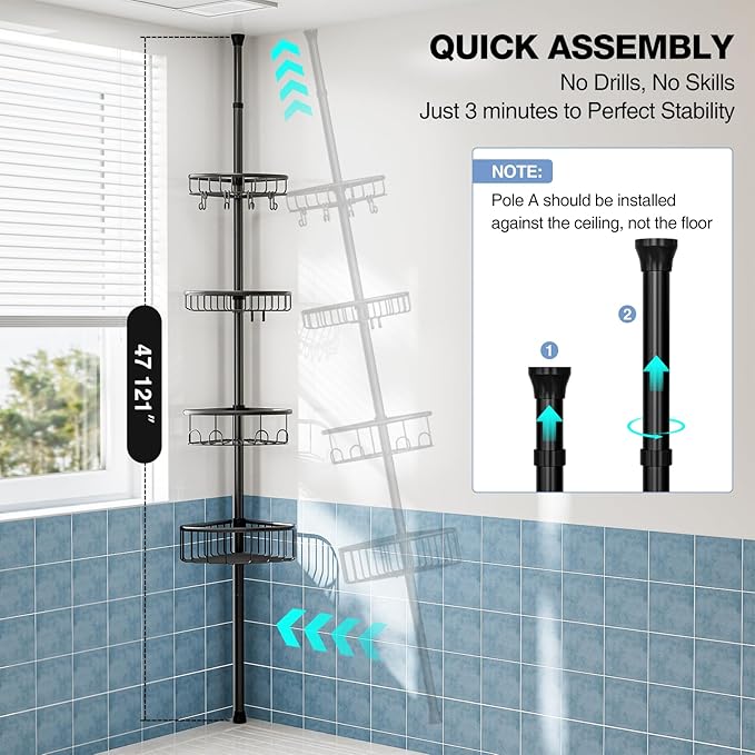 Corner Shower Caddy Tension Pole: Stainless Steel Rustproof 4-Tier Shower Organizer - 47-121 inch Adjustable Bathroom Shelves for Bathtub Shampoo Storage - Tension Rod Floor Standing Bath Rack - Black
