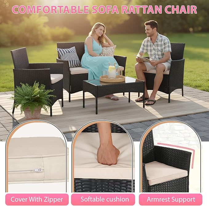 FDW Rattan Furniture Wicker Chair Patio Bristo Set for Outdoor Indoor Use with Loveseats Coffee Table,Khaki Cushion, 4-Pieces