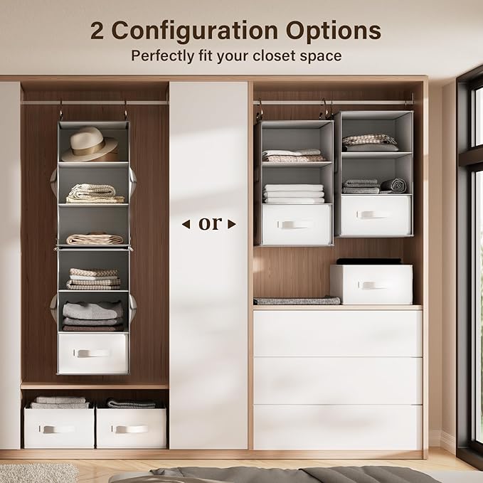 Pipishell 6-Shelf Hanging Closet Organizer, Hanging Shelves with 2 Separable 3-Tier Shelves, Closet Shelves Organizer with 3 Removable Drawers for Wardrobe, Nursery, Baby Clothes Organizer, White