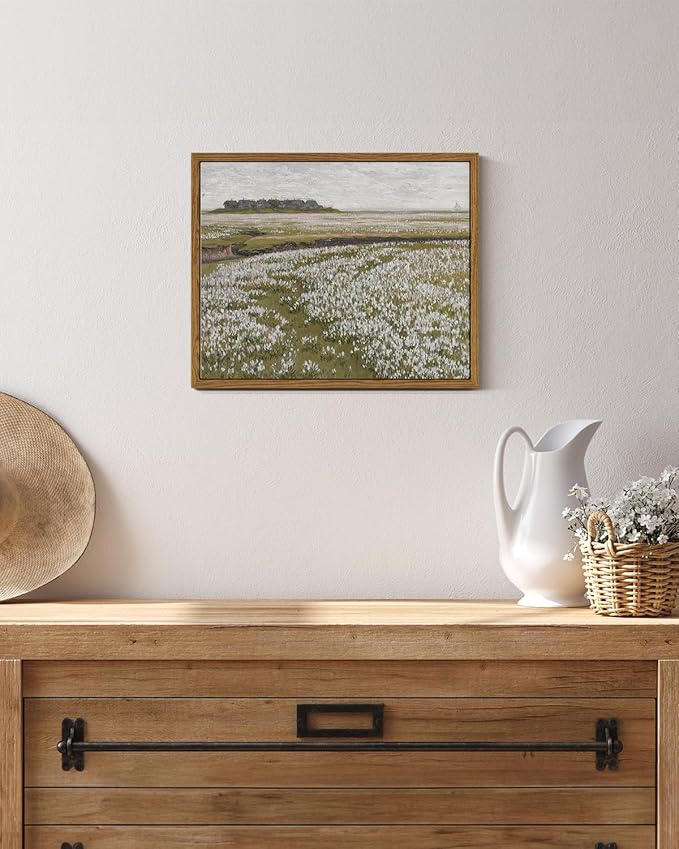 InSimSea Framed Vintage Landscape Wall Art Prints, Boundless Grassland Full of White Flowers Canvas Painting Wall Decor, Framed Farmhouse Bedroom Wall Decor, Retro Room Decor 9/inchx11/inch