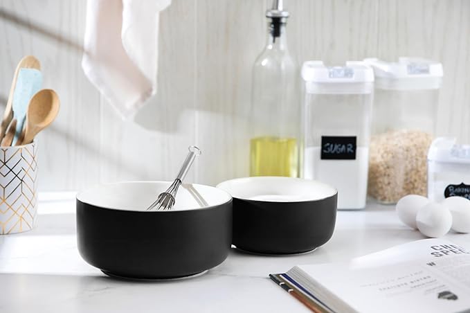 KooK Ceramic Mixing Bowls, Nesting Bowls, Set of 4, Kitchen Bowls, Prep, Serving, Gift, Microwave and Dishwasher Safe, 10/16/29/47 oz, (Black)