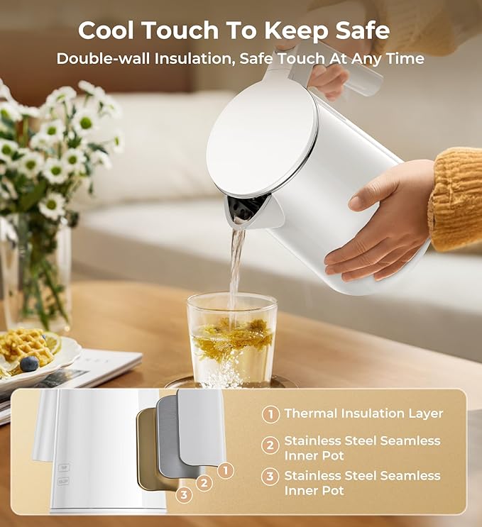 Electric Kettle, 1.0L 1200W Fast Heat with Auto Shut-Off, Boil-Dry Proof, 7 Temperature Control Teapot, Double Wall Stainless Steel Water Boiler Heater, 4H Keep Warm, Cool Touch Tea Pot, White