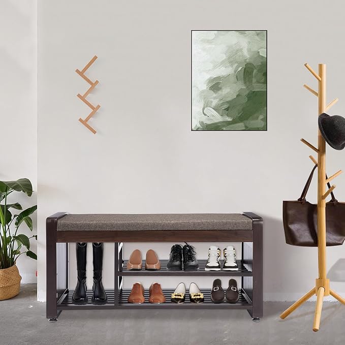 Bamboo Shoe Storage Bench, 3-Tier Shoe Rack with Padded Seat Cushion, Shoe Organizer Shelves for Entryway, Living Room, Bedroom, Hallway, Grey 37.4”