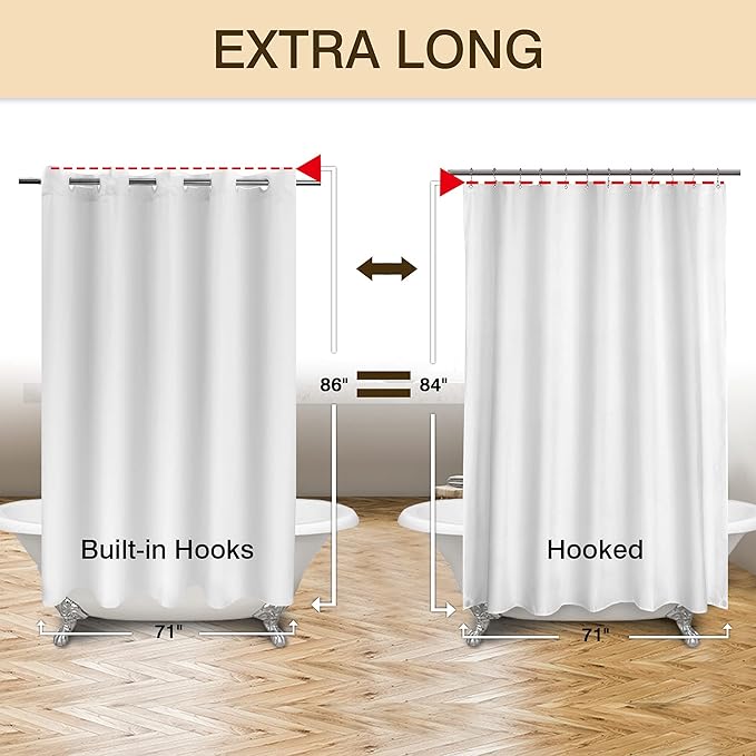 Extra Long No Hook Shower Curtain TPU Lining & No Required Liner, 71" x 86"(84") Hotel Fabric Shower Curtain for Bathroom, Bottom Magnets & Waterproof, White, 71x86