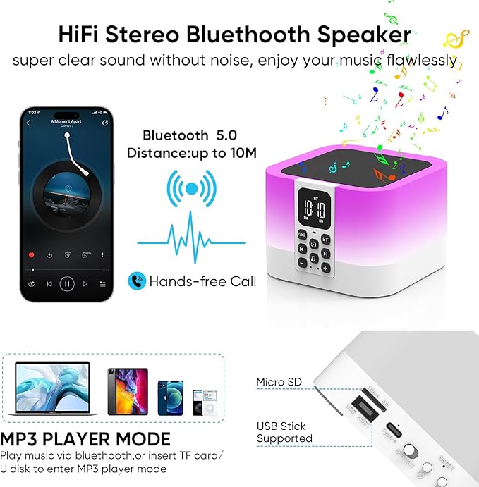 Night Light Bluetooth Speaker, Digital Alarm Clock, Touch Bedside Lamp for Bedroom, Sound Machine with White Noise, Dimmable Warm Light, Multi-Color Changing, Best Gifts for Teenage Boys Girls
