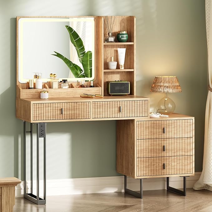 Large Vanity Desk with 3 Color Touch Screen Dimming Mirror, Vanity Desk with Charging Station, Modern Retractable Makeup Dressing Table, Makeup Table With storage shelves and 5 Sliding Drawers, Oak