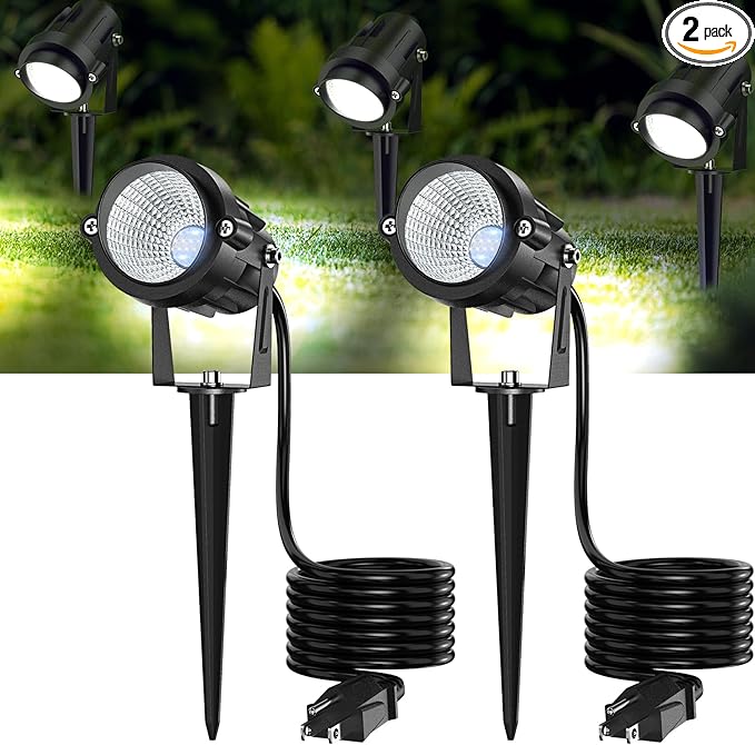 High Brightness 1000LM Outdoor Spot Lights for Yard, 6500K Daylight Spot Lights Outdoor with 4.9FT Electric Cord, 10W LED IP66 Waterproof Landscape Spotlights for Garden Tree Flag - 2 Pack