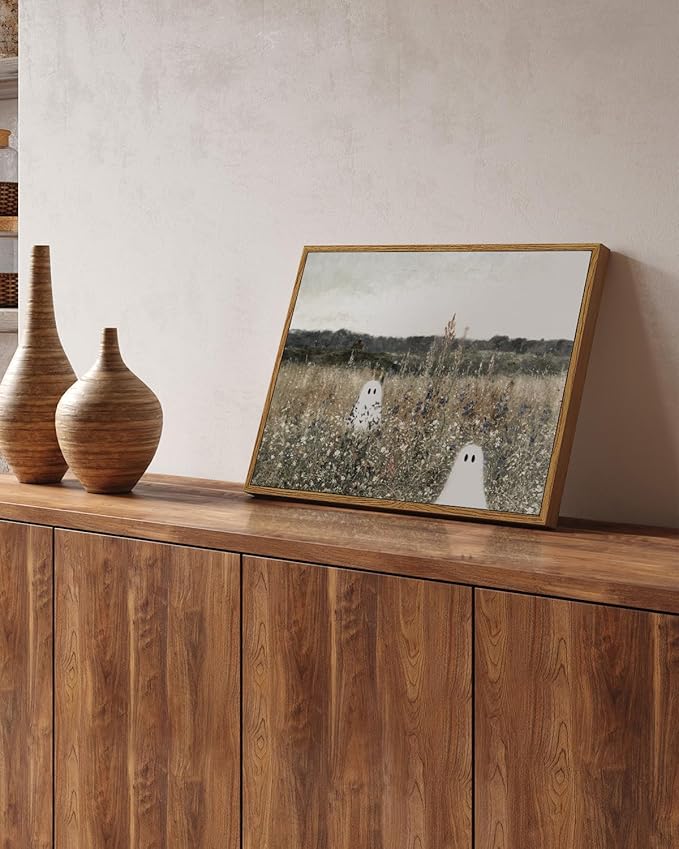 InSimSea Framed Canvas Prints Art Ghost Decor, Vintage Halloween Meadow with Flowers Painting, Spooky Gothic Decor, Rustic Landscape Pictures for Living Room, 12x16inch