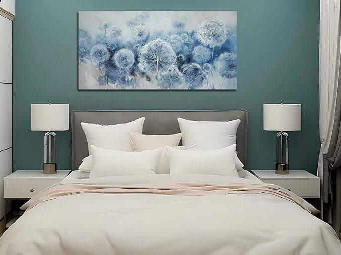 Arjun Flower Wall Art Indigo Blue Dandelion Floral Canvas Painting Watercolor White Textured Modern Artwork Large Framed for Living Room Bedroom Dinning Room Bathroom Home Office Wall Decor, 48"x24"
