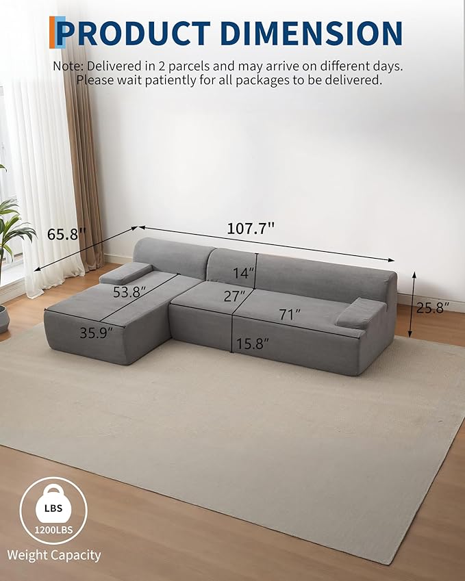 Garvee 108'' Modular Sectional Sofa, Left Facing Chaise L-Shaped Boneless Couch, Ultra Deep Seat Modern Sectional Sofa for Living Room, 5mm Wale Corduroy Fabric, Gary