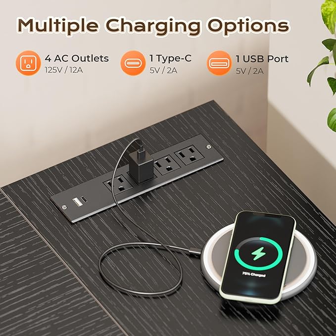 Huuger 63 Inch L Shaped Desk with Power Outlets and USB-C Port, Reversible Computer Desk, Larger Office Corner Gaming Desk, 0.95 Inch Thicker Desktop, Metal Frame, for Home Office, Study, Black